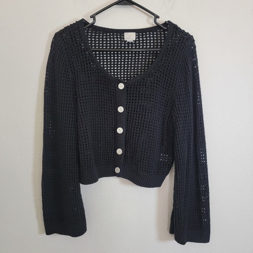 A New Day Black Open Stitch Crochet Cardigan Sweater Women Medium Cropped Cotton